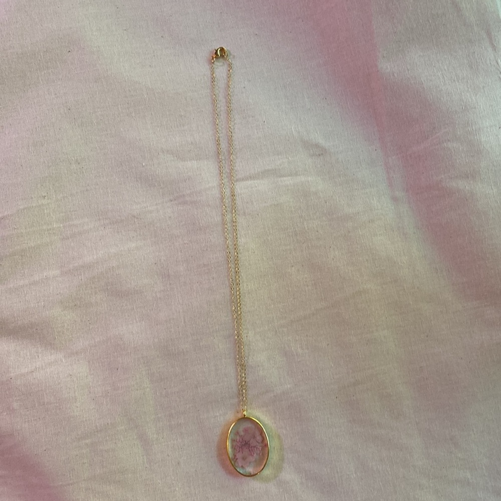 Pink on pink pressed flower necklace. - Picture 2 of 5